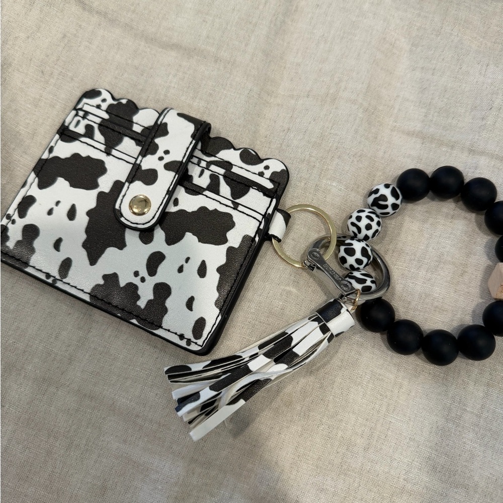 Chic Black and White Cow Print Card Holder with Keychain